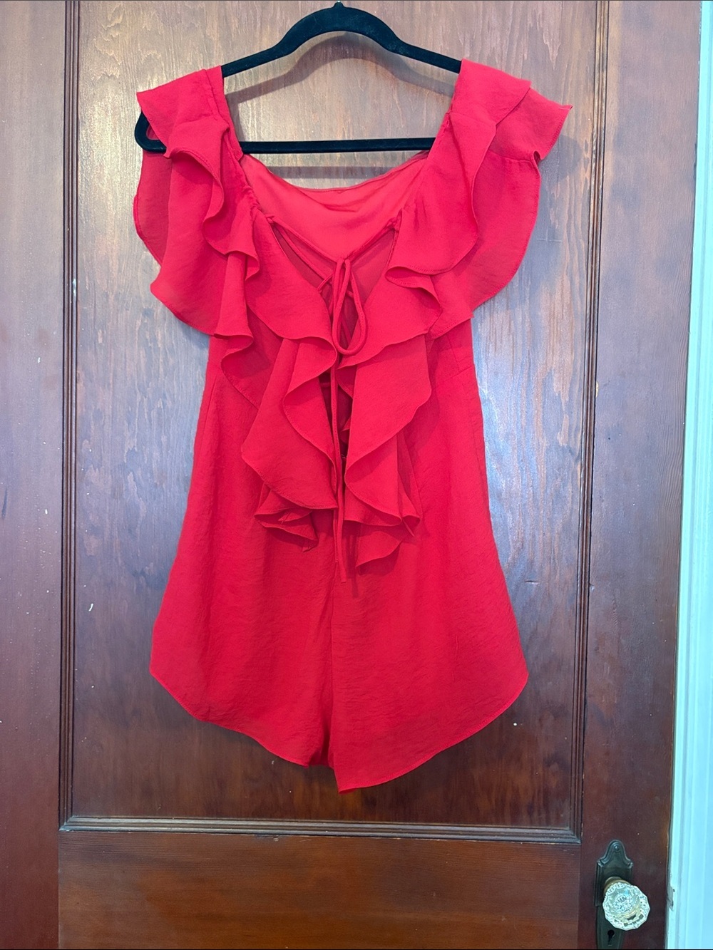 Red Ruffled Off-Shoulder Romper - Picture 3 of 8